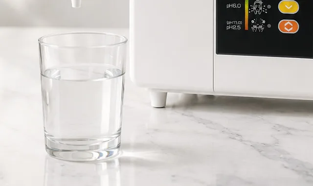 Sklenice čerstvé Kangen Water vedle SD501DX